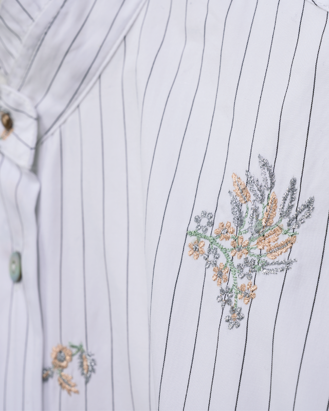Flower Embroidery Striped Fabric Shirt